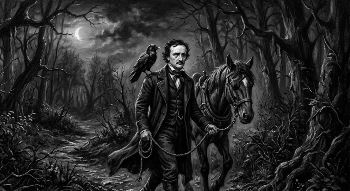 Firefly_Gemini+Flash_a+black+and+white+painting+of+Edgar+Allen+Poe%2C+walking+through+a+dark+forest+with+a+r+433225.png