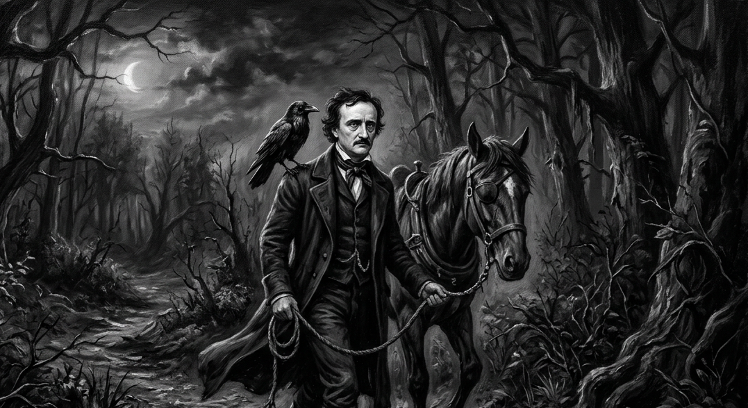 Firefly_Gemini+Flash_a+black+and+white+painting+of+Edgar+Allen+Poe%2C+walking+through+a+dark+forest+with+a+r+433225.png
