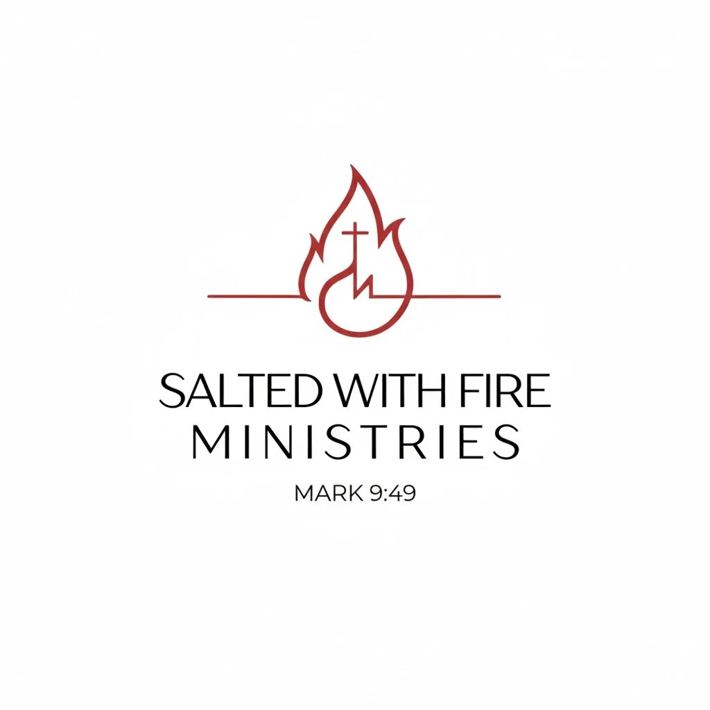 Logo for Salted With Fire Ministries featuring a stylized flame and cross, with the text 'Salted With Fire Ministries' and a reference to Mark 9:49.