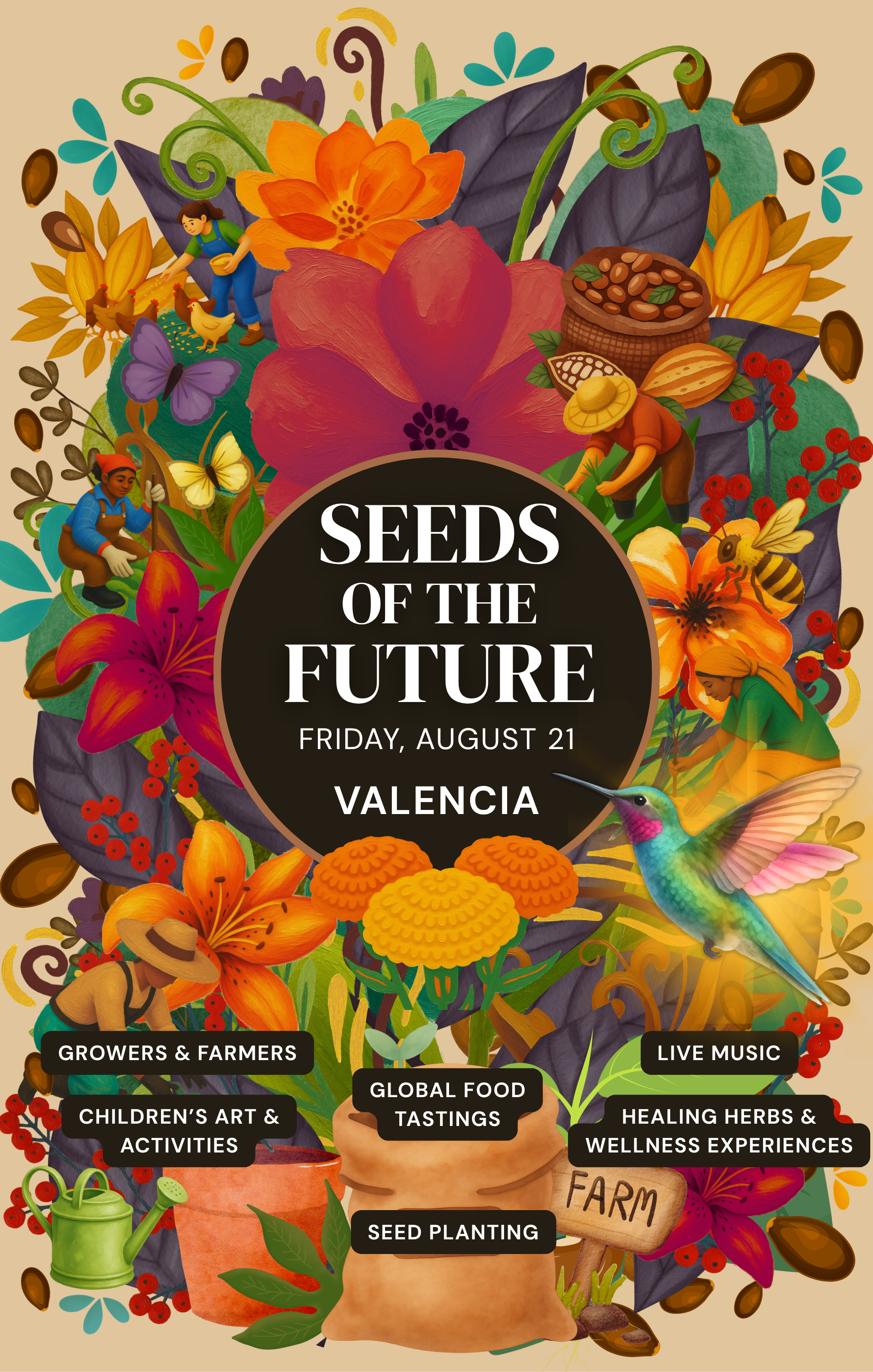 Event poster titled "Seeds of the Future" on August 21 in Valencia. Features colorful flowers, plants, farmers, children, animals, and insects, promoting activities like seed planting, global food tastings, live music, art, wellness experiences, and educational activities.