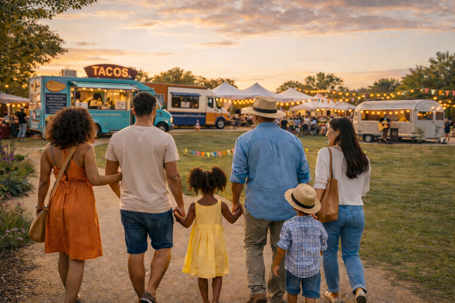 Family walking at an outdoor food festival during sunset, with food trucks and tents in the background.