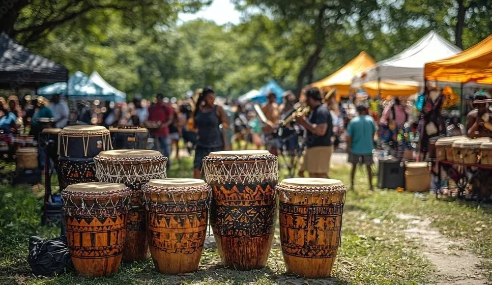 Set of traditional African drums on grass at outdoor market with people and tents in the background.