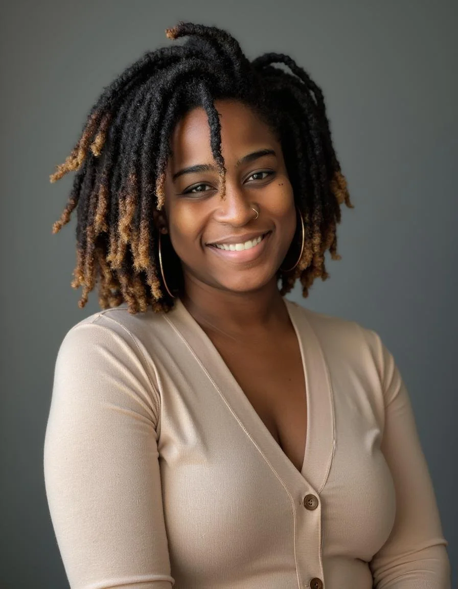 A young woman with natural styled dreadlocks, wearing a beige buttoned top, gold hoop earrings, and a nose ring, smiling against a gray background.