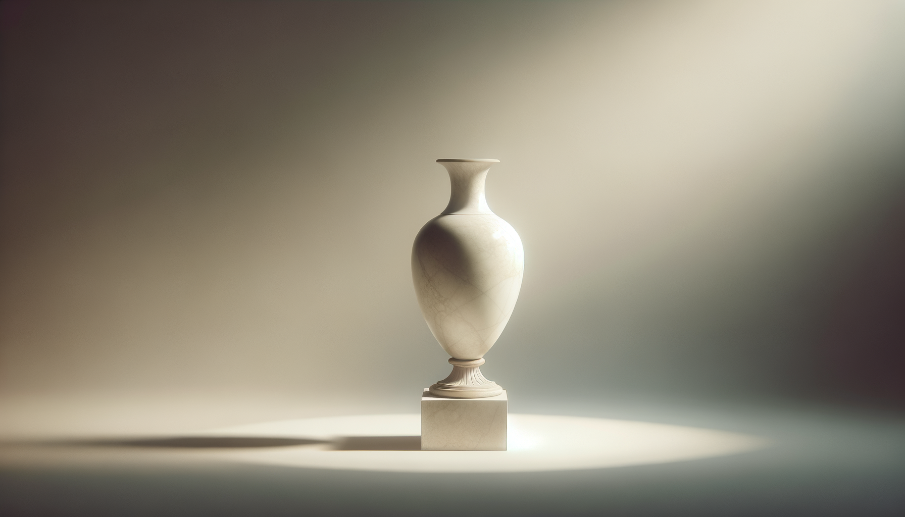 Vasija de cerámica blanca en posición vertical, sobre pedestal cuadrado, con luz suave que crea sombra a su lado izquierdo