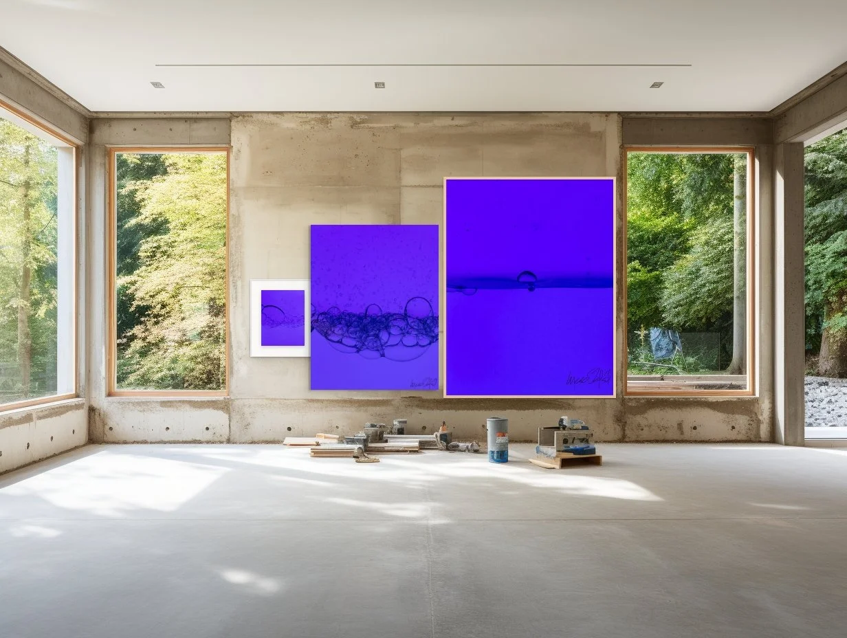 Tres cuadros con arte abstracto en tonos azules colgados en una pared de concreto en una sala sin muebles con ventanas grandes y vista a la naturaleza.