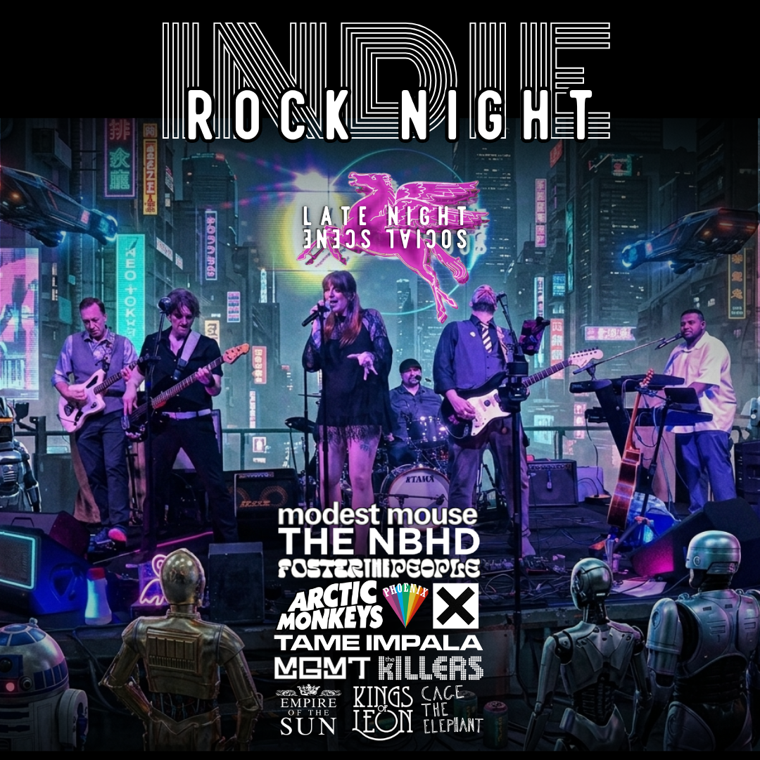 A virtual concert scene with a band performing on a futuristic cityscape stage, neon signs, and robots in the foreground, titled "Rock Night" featuring bands such as Modest Mouse, The NBHD, Arctic Monkeys, Tame Impala, and others.