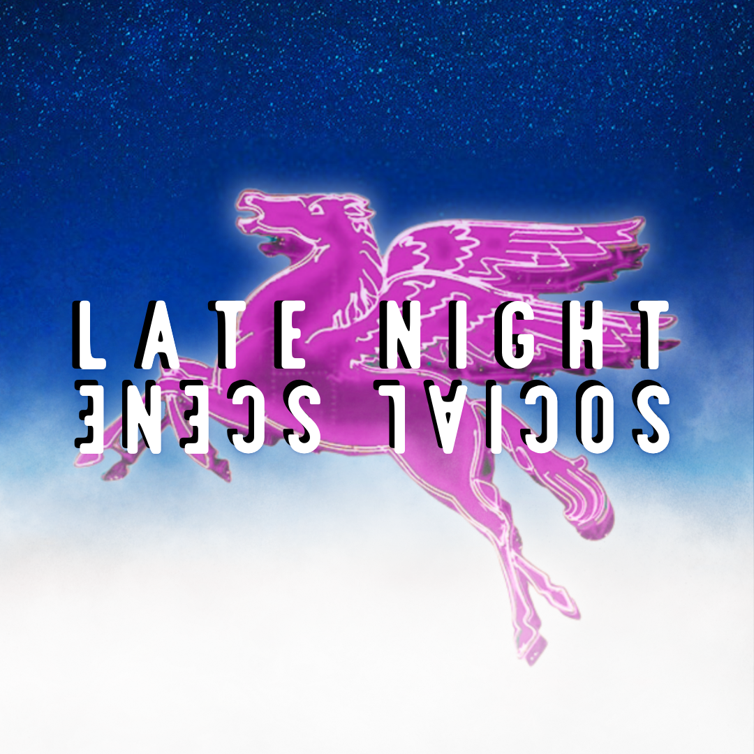 Neon pink Pegasus with text overlay reading "Saloon Scene Late Night".