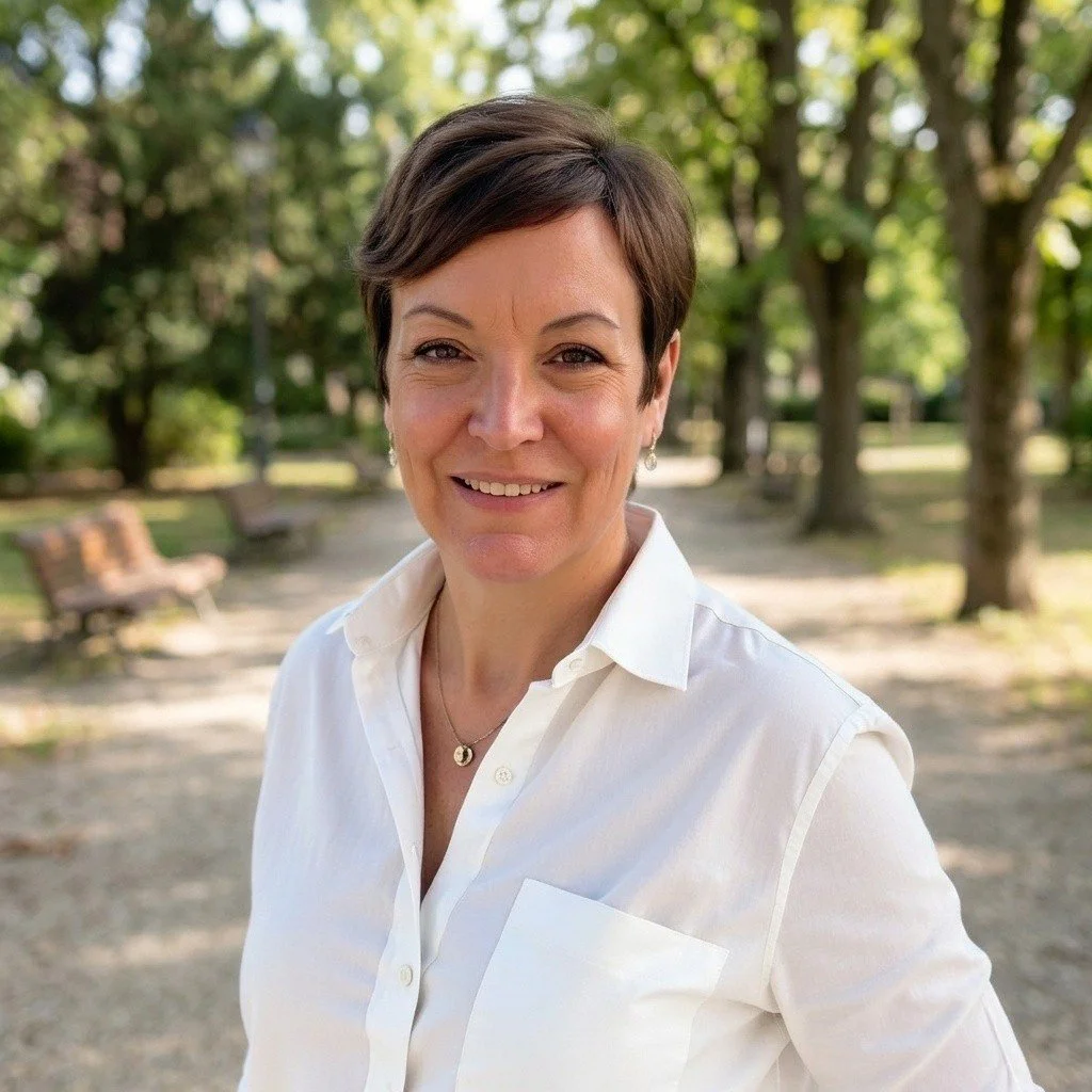 A smiling woman with short brown hair wearing a white button-up shirt, standing outdoors in a park with trees and benches in the background.