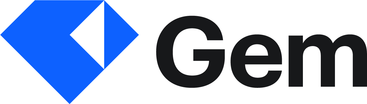 Blue geometric logo with a diamond shape and a black triangle inside, followed by the black text 'GEM'.