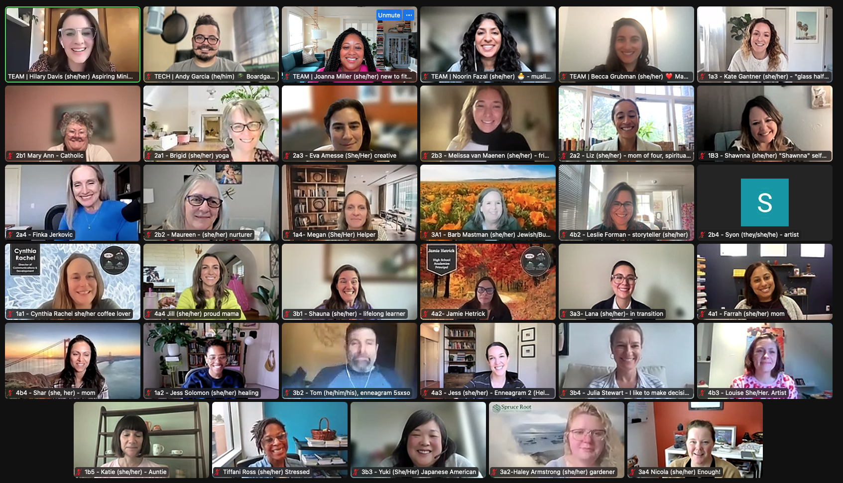 A group of women and a few men participating in a virtual meeting, each in their own home or office, smiling and engaging with the camera.