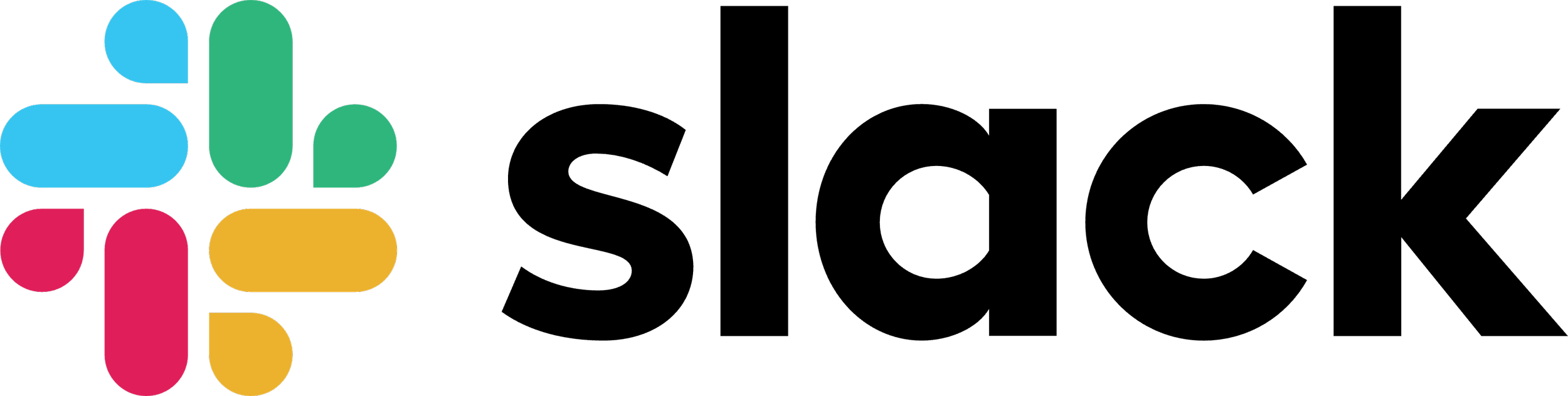 Slack logo with colorful rounded shapes and the word 'Slack' in bold black font.