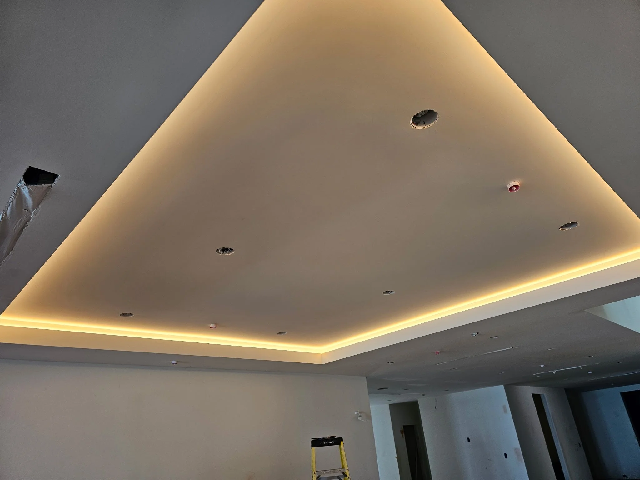 Ceiling with recessed lighting and smoke detectors under construction.