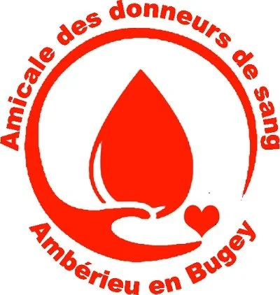 Logo de l'association Amicale des donneurs de sang Ambérieu en Bugey, avec une goutte de sang, une main et un cœur en rouge.