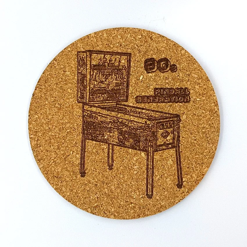 Sous-verre en liège Pinball Generation MJLC, sous-bock décoratif flipper, décoration pinball rétro vintage inspirée des flippers, idée cadeau originale pour passionné de pinball et arcade 1980