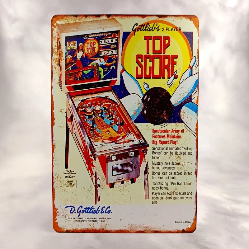 Plaque Métal Vintage Flipper TOP SCORE (Gottlieb, 2Players)