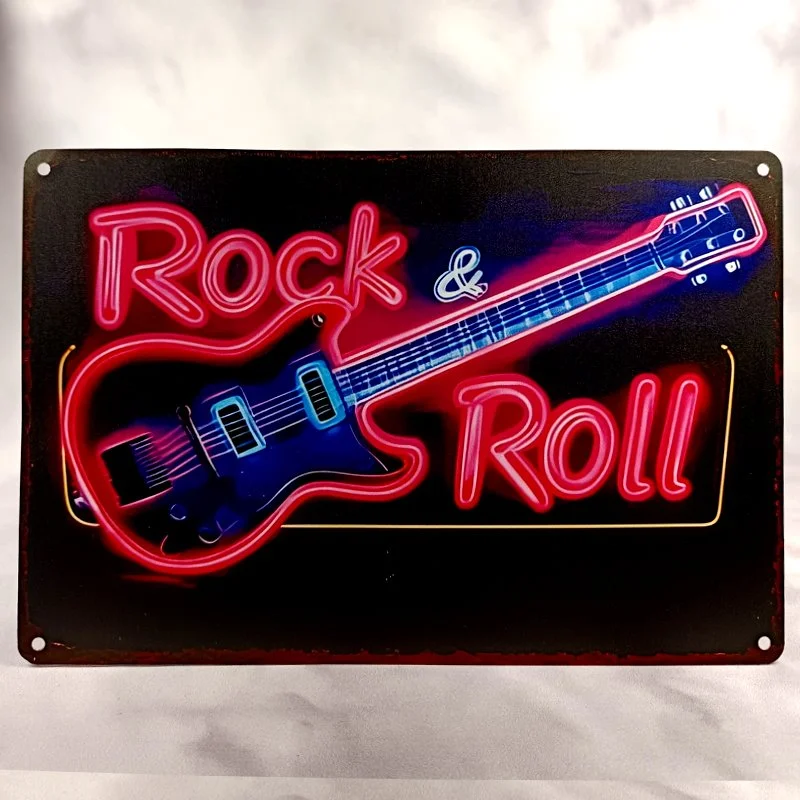 Plaque Métal Vintage Jukebox & Musique, ROCK & ROLL Guitare effet néon