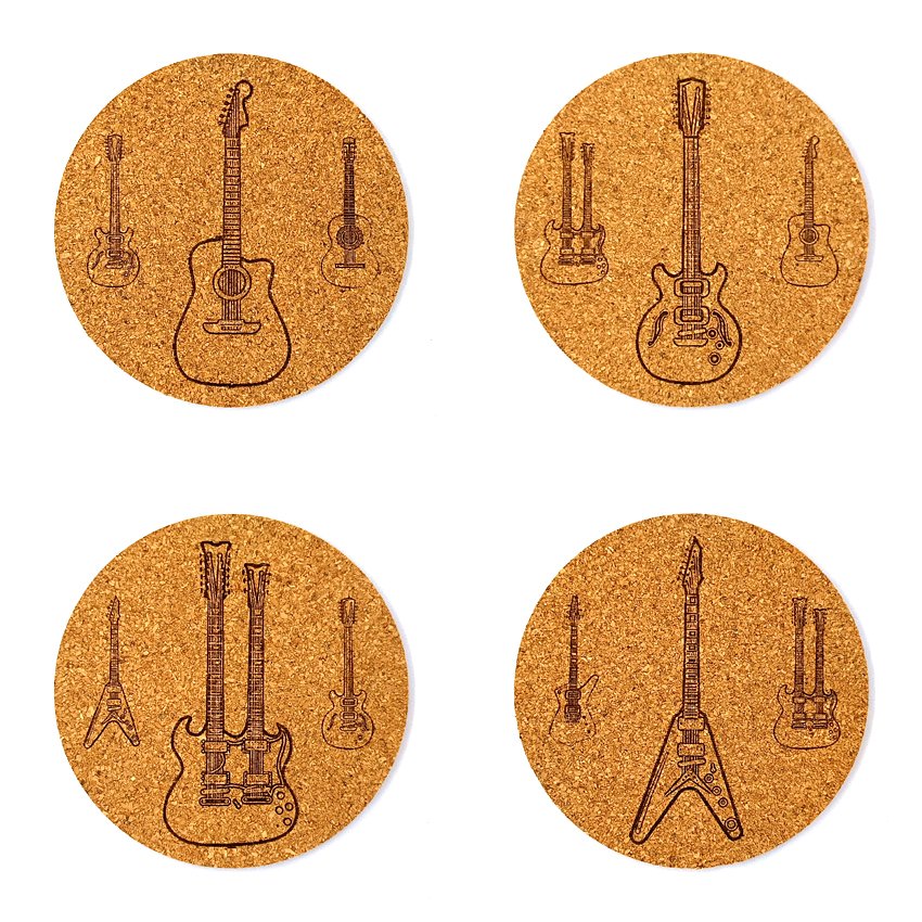 Sous-verres thème musique décoratifs inspirés de l’univers musical et des studios d’enregistrement, ambiance rock, blues, jazz et pop avec instruments de musique, guitares, jukebox, déco bar, café