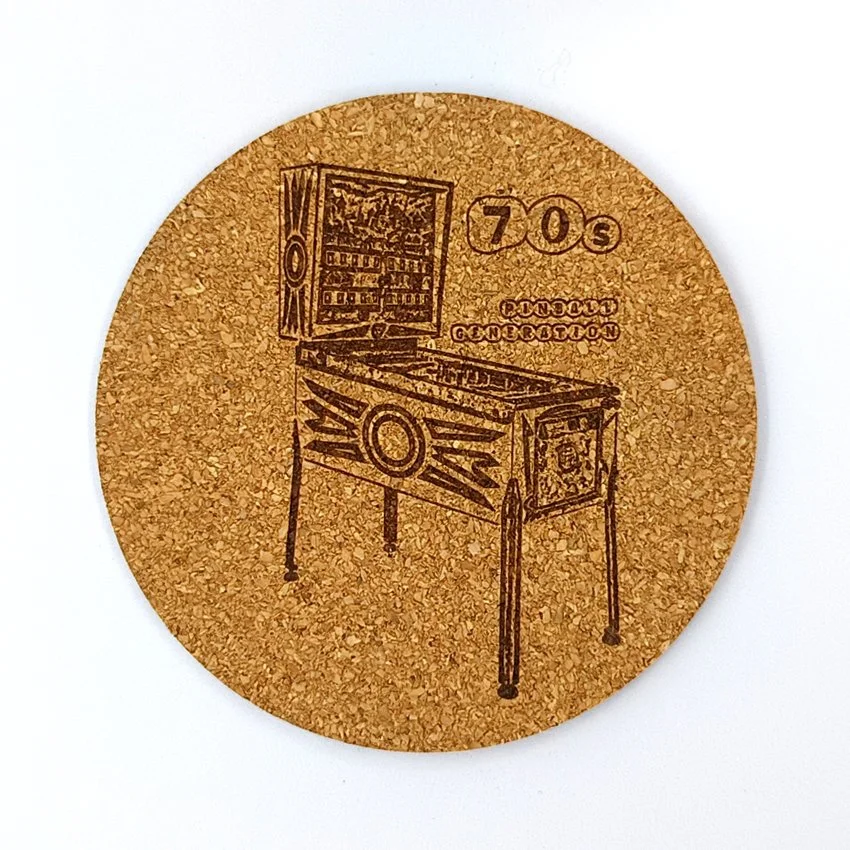 Sous-verre en liège Pinball Generation MJLC, sous-bock décoratif flipper, décoration pinball rétro vintage inspirée des flippers, idée cadeau originale pour passionné de pinball et arcade 1970