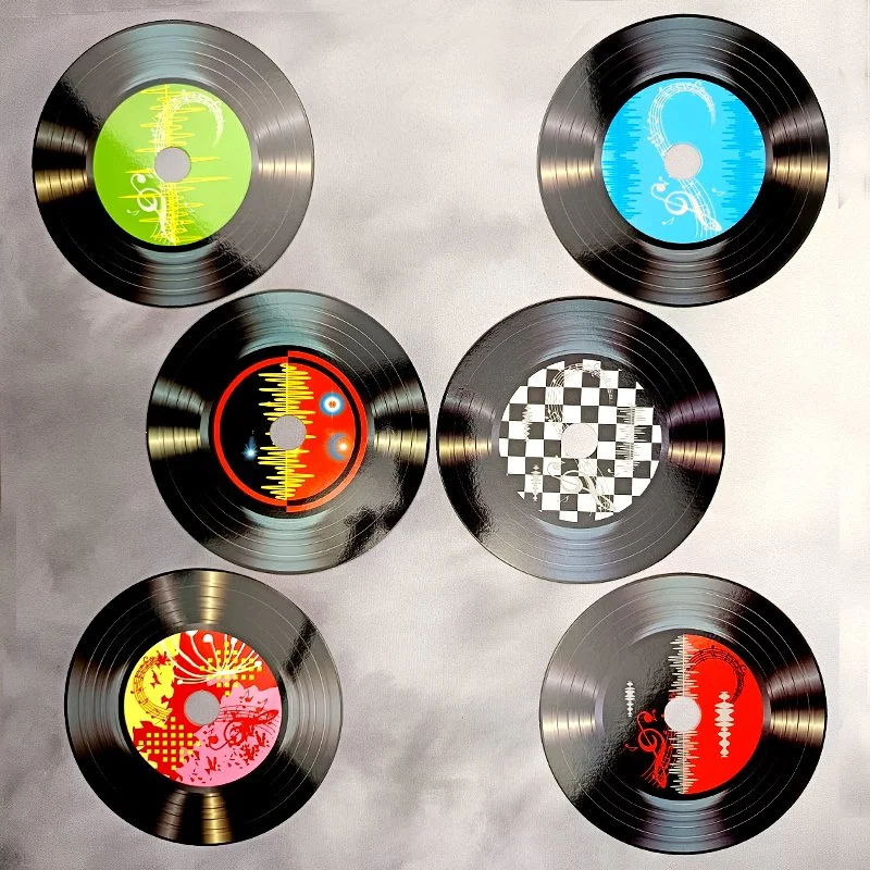 Applique Murale en CARTON, Thème Jukebox-Musique, Set de 6 DISQUES VINYLES 45 tours FACTICES (Ø14 cm)