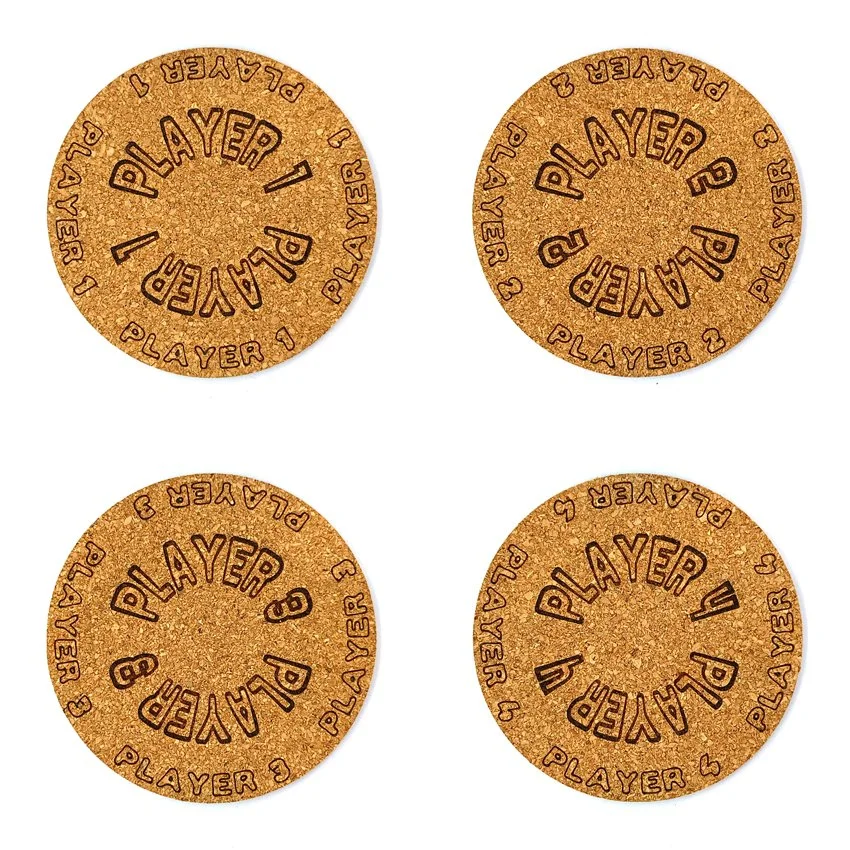 Set de 8 sous-verres décoratifs en liège ronds – Ø 90 mm – Motif Flipper SLOGAN ARQUÉ 'PLAYER'
