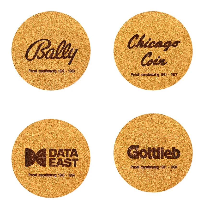 Set de 8 sous-verres décoratifs en liège ronds – Ø 90 mm – Motif Flipper PINBALL MANUFACTURING