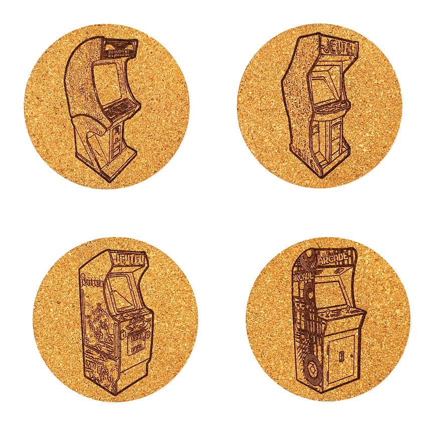 Set de 8 sous-verres décoratifs en liège ronds – Ø 90 mm – Motif BORNE ARCADE VIDEO GAME