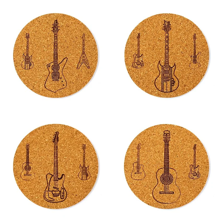 Set de 8 sous-verres décoratifs en liège ronds – Ø 90 mm – Motif jbx MUSIC GUITARE