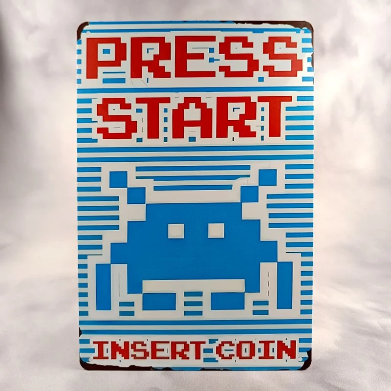 Plaque Métal Vintage Arcade SPACE INVADERS (PRESS START)