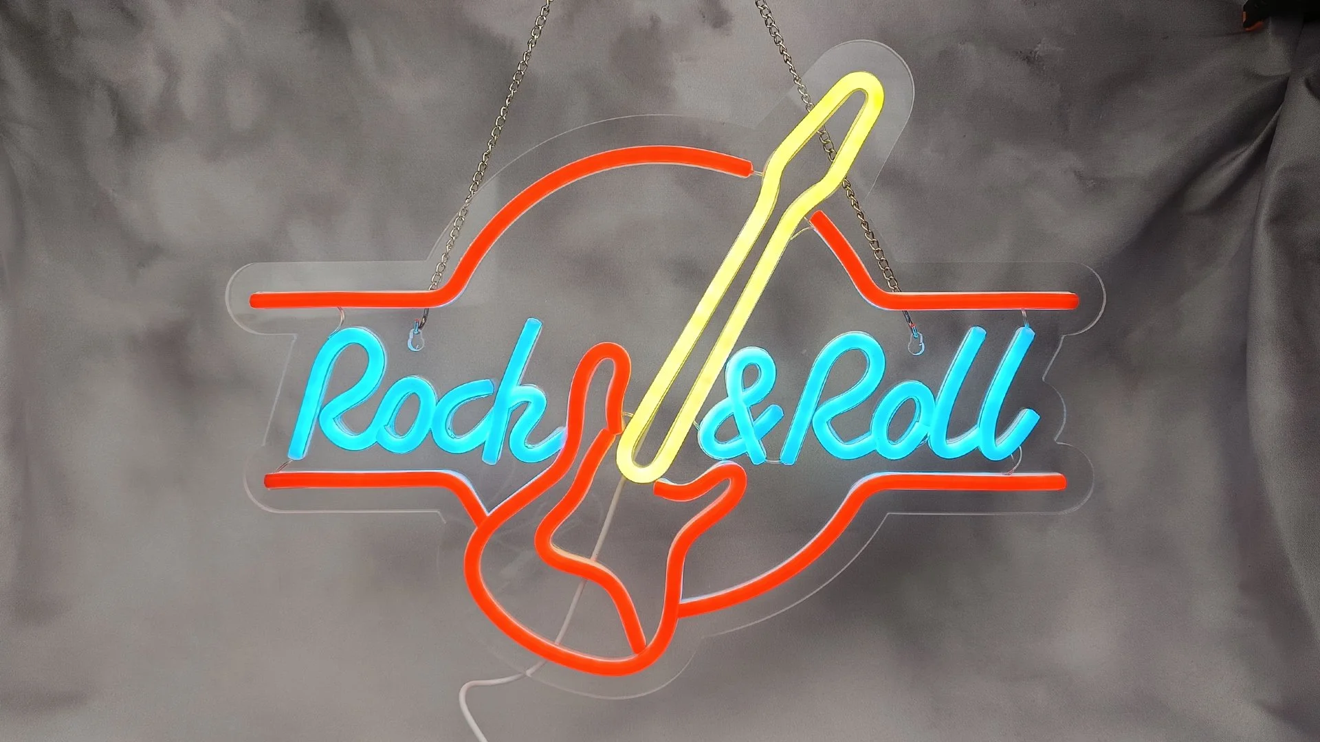 Néon Led Musique - ROCK n ROLL (Guitare Jaune) ambiance music de bar, café et salle de jeu d'arcade. Club vacance guitare electrique Jukebox disc vinyle jeu de café. espace détente déco vintage rétro