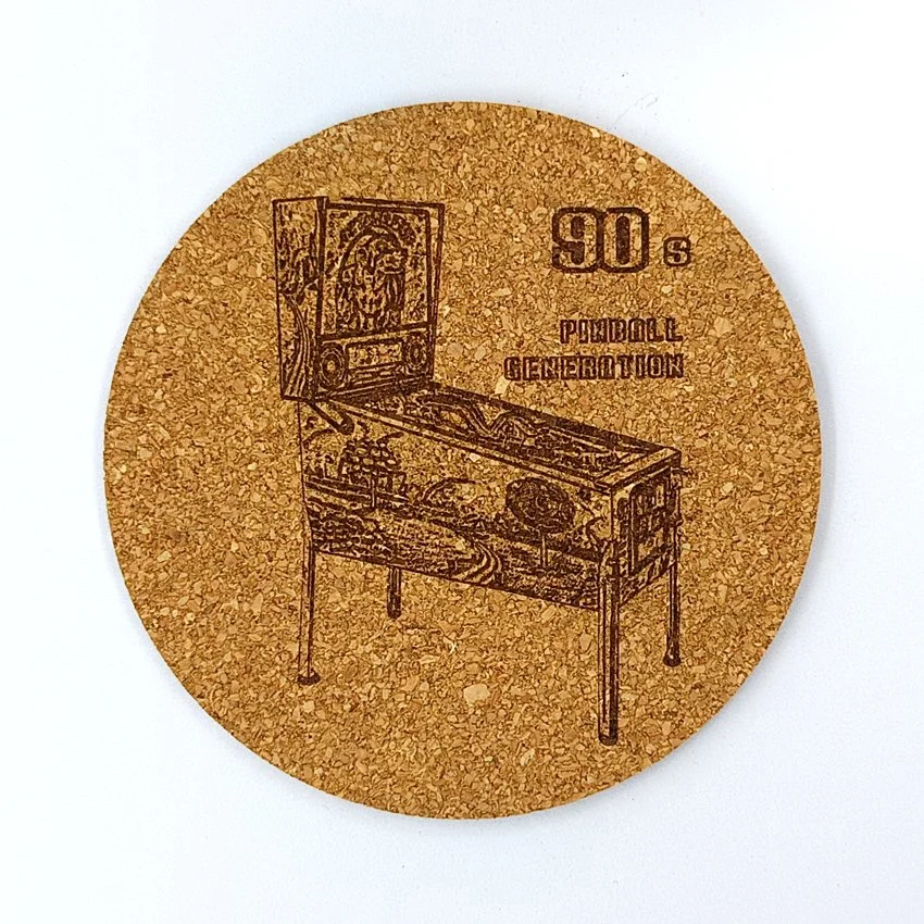 Sous-verre en liège Pinball Generation MJLC, sous-bock décoratif flipper, décoration pinball rétro vintage inspirée des flippers, idée cadeau originale pour passionné de pinball et arcade 1990