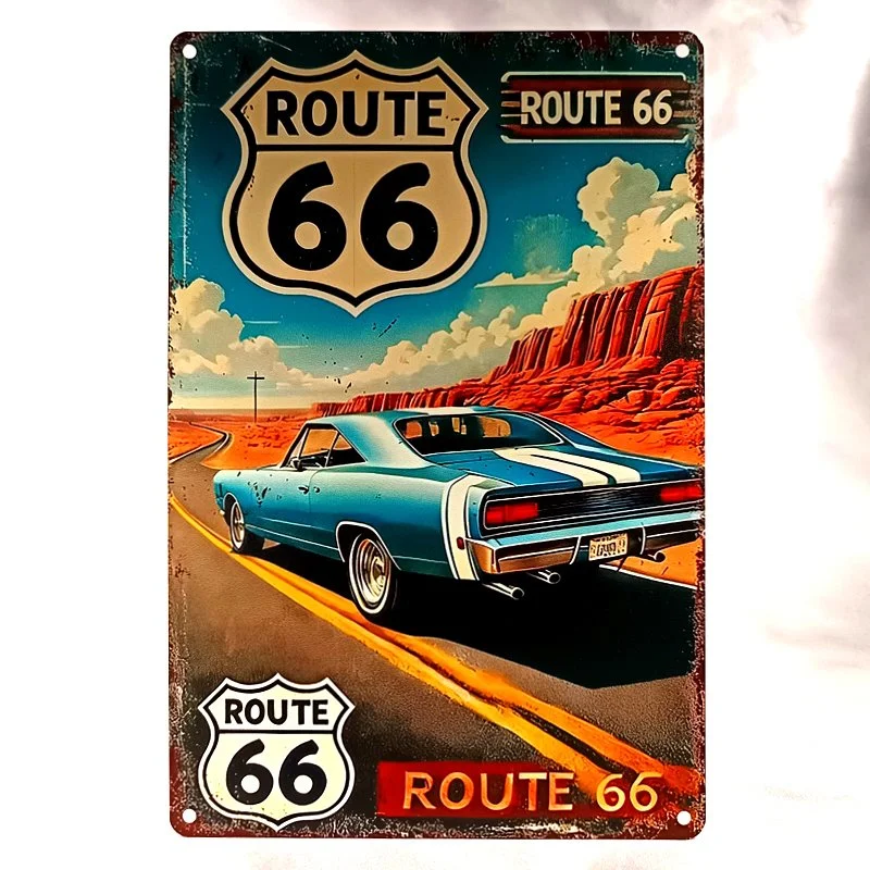 Plaque Métal Vintage Bar-Pub Automobile ROUTE 66 Voiture Américaine Chevrolet Bleue