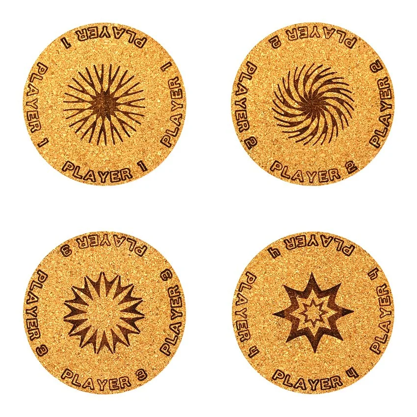 Set de 8 sous-verres décoratifs en liège ronds – Ø 90 mm – Motif Flipper SLOGAN ROSACE 'PLAYER'