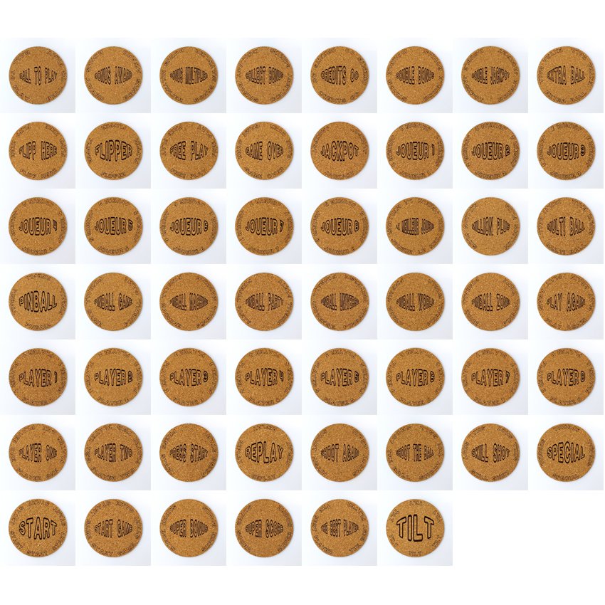 Sous-verre en liège flipper pinball, sous-bock décoratif inspiré pinball machines avec slogans cultes Extra Ball, Game Over, Jackpot, Multiball, Tilt, décoration flipper rétro, idée cadeau originale