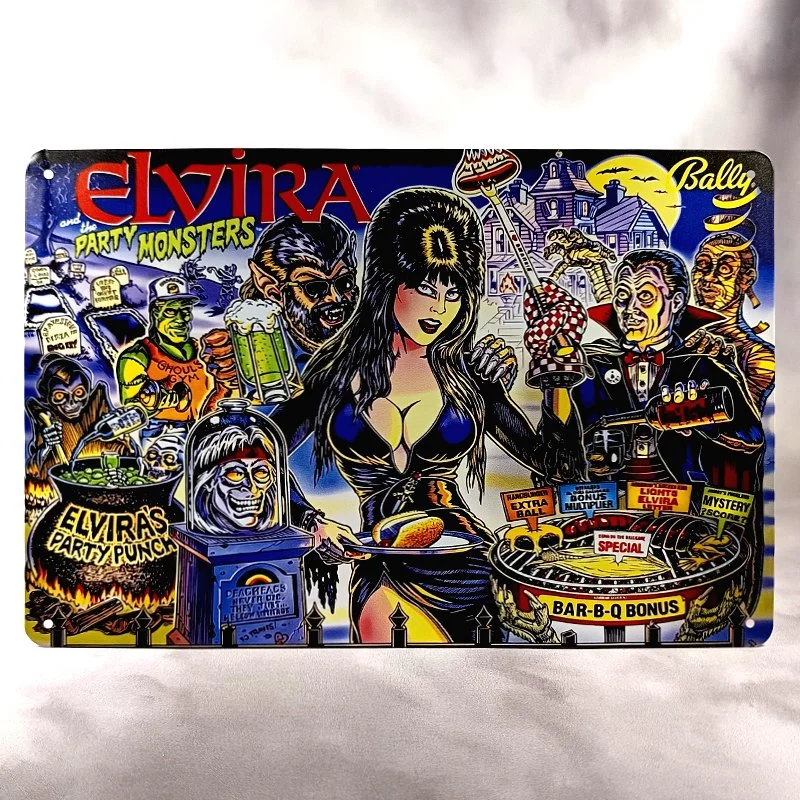 Plaque Métal Vintage Flipper ELVIRA and the PARTY MONSTERS Backglass Bally