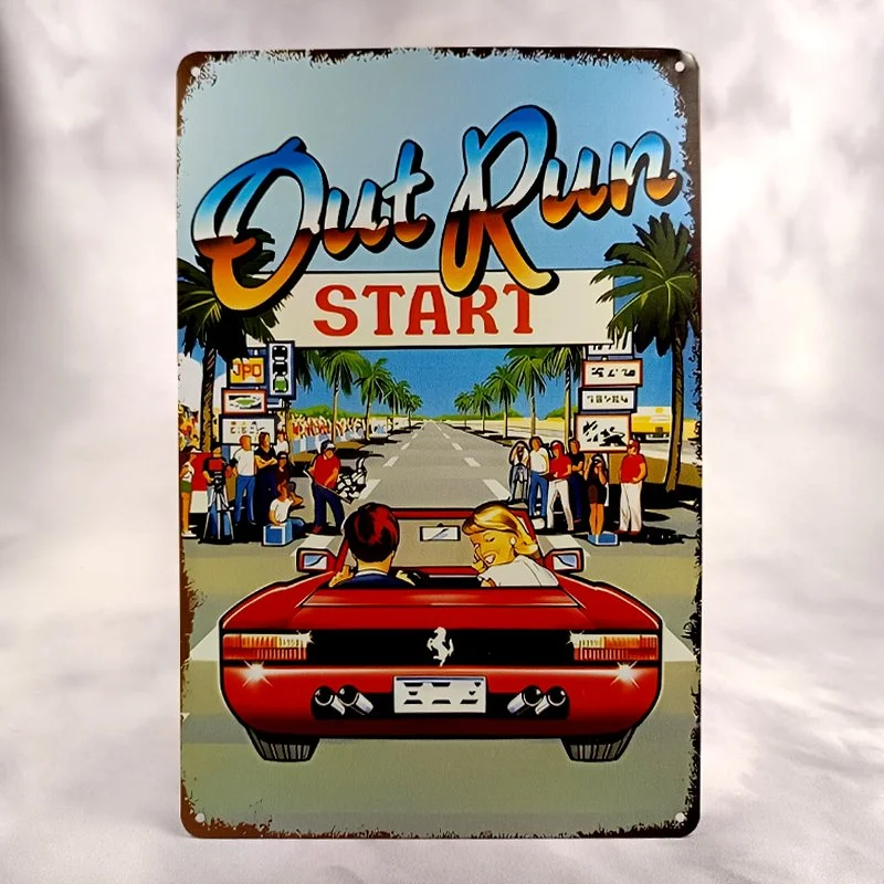Plaque Métal Vintage Arcade OUT RUN (outrun, out-run,Auto)