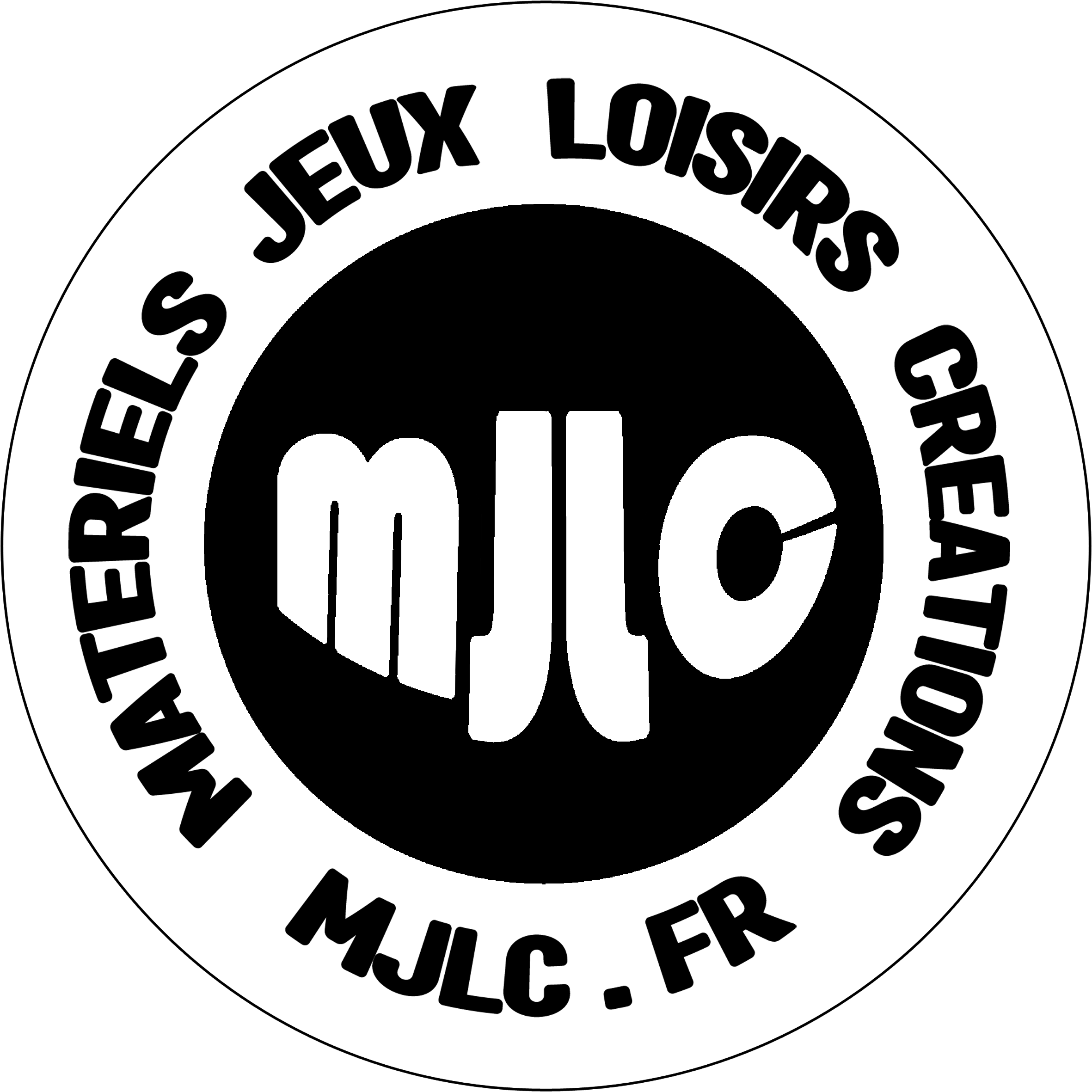 Logo en noir et blanc avec un cercle central contenant un symbole stylisé et le texte 'MJL'. Autour, un cercle avec le texte 'Matériels Jeux Loisirs Créations MJLC.FR'.