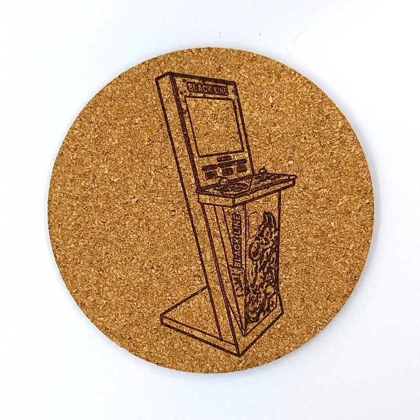 BLACK LINE Sous-verres thème borne arcade, sous-bock décoratif inspiré des jeux vidéo rétro et du gaming arcade, Neo-Geo, Pandora’s Box, MAME, Naomi, Retropie et Batocera, décorations salle de jeux