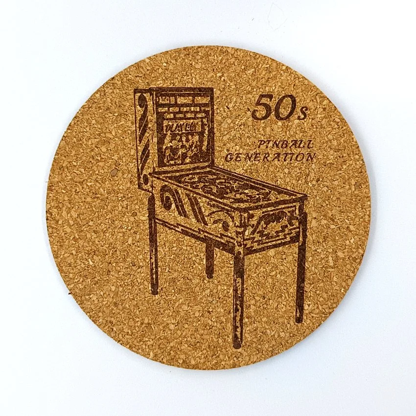 Sous-verre en liège Pinball Génération MJLC, sous-bock décoratif flipper, décoration pinball rétro vintage inspirée des flippers, idée cadeau originale pour passionné de pinball et arcade 1950
