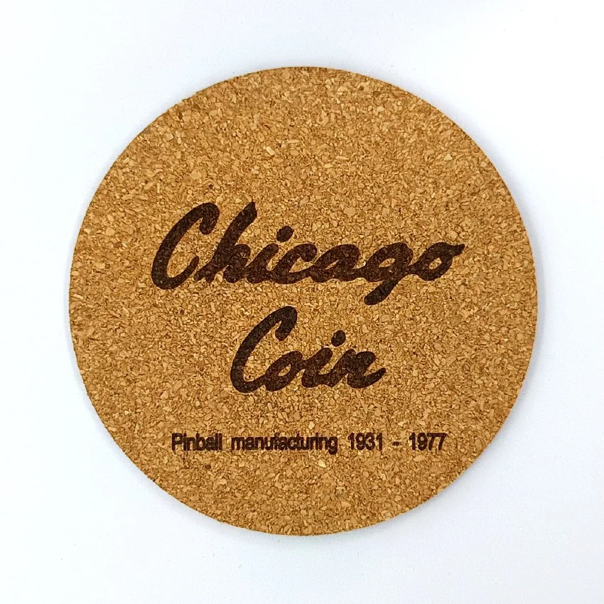 CHICAGO COIN Sous-verre en liège Pinball Manufacturing, sous-bock décoratif décoration pinball rétro vintage inspirée des pinball machines, idée cadeau originale pour passionné de flipper et d’arcade