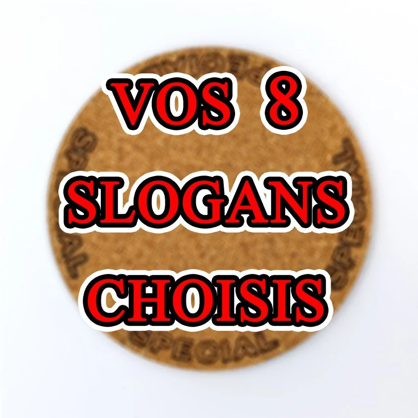 Set de 8 sous-verres décoratifs en liège ronds – Ø 90 mm – Motif Flipper SLOGAN TEXTE 'AU CHOIX'