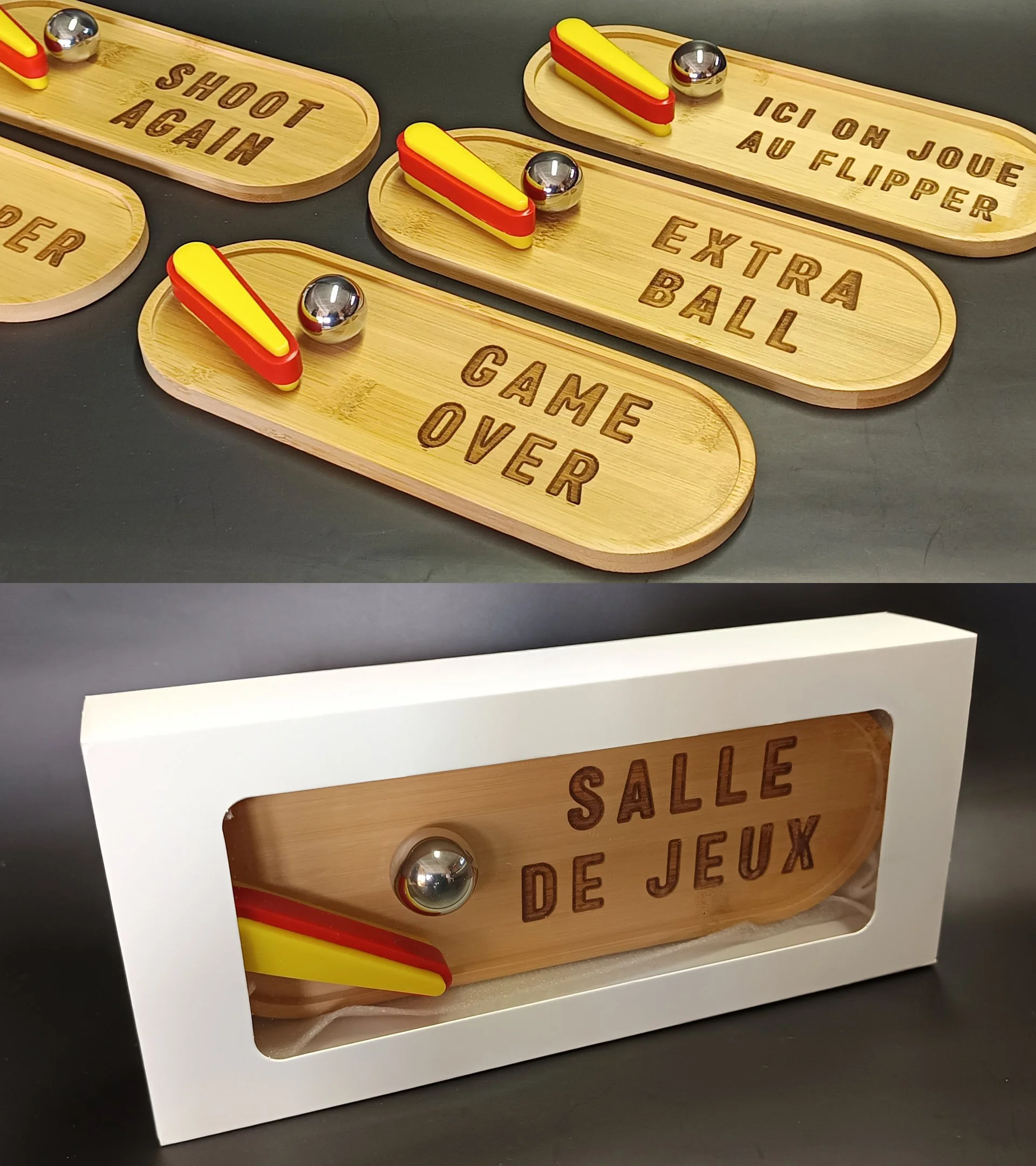 Plateau décoratif flipper en bois naturel avec bille pinball en acier, décoration artisanale inspirée des flippers, déco accessoire rétro pour salon ou salle de jeux