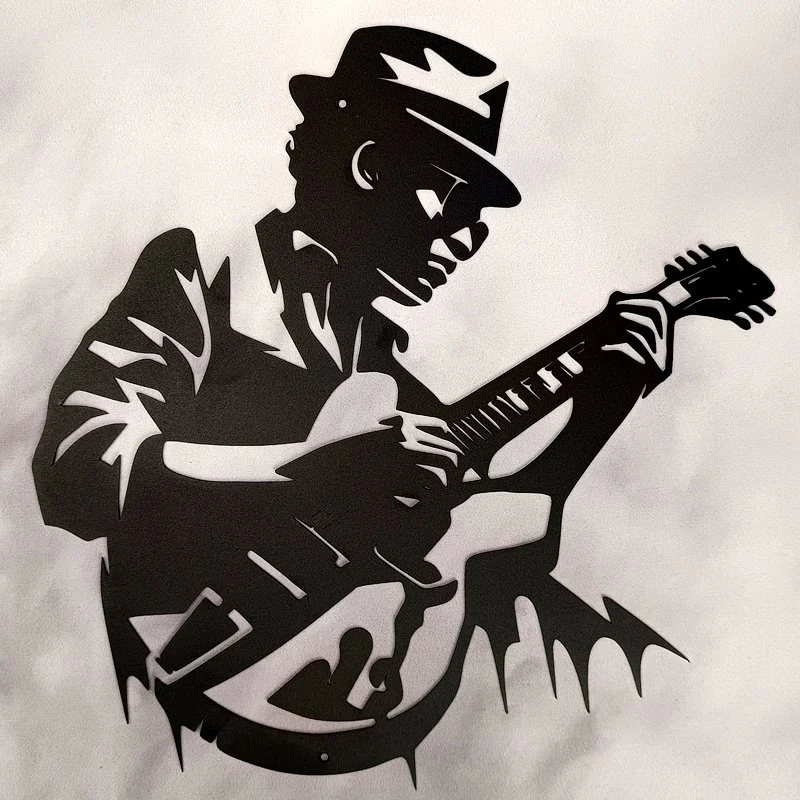 Applique Murale en Métal, Thème Jukebox-Musique, MUSICIEN GUITARISTE BLUES - Chapeau (27x30)