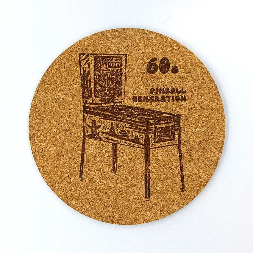 Sous-verre en liège Pinball Generation MJLC, sous-bock décoratif flipper, décoration pinball rétro vintage inspirée des flippers, idée cadeau originale pour passionné de pinball et arcade 1960
