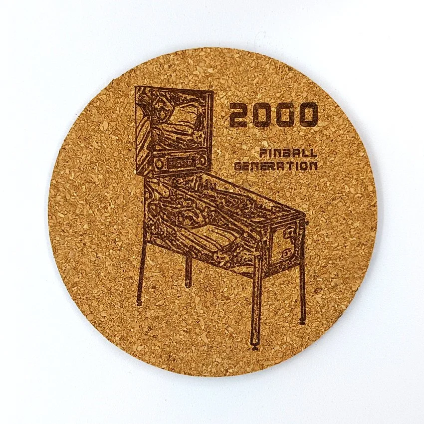 Sous-verre en liège Pinball Generation MJLC, sous-bock décoratif flipper, décoration pinball rétro vintage inspirée des flippers, idée cadeau originale pour passionné de pinball et arcade 2000