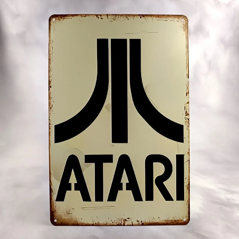 Plaque Métal Vintage Arcade ATARI Logo Blanc