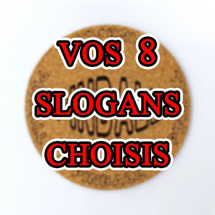 Set de 8 sous-verres décoratifs en liège ronds – Ø 90 mm – Motif Flipper SLOGAN OVALE 'AU CHOIX'