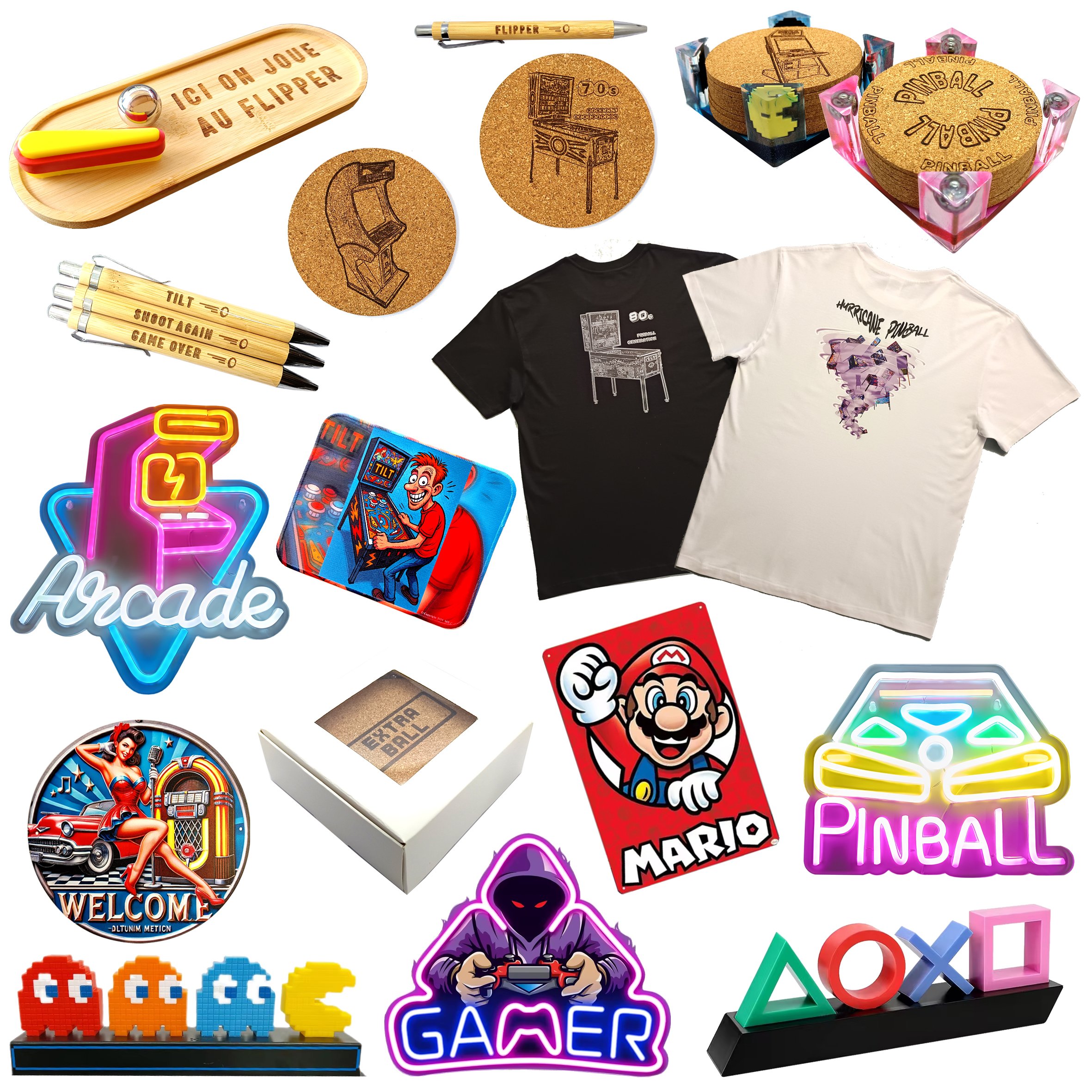 Décorations jeux de café MJLC : flipper et pinball, borne arcade et vidéo arcade, billard, baby-foot et jukebox, accessoires et éclairages LED pour salle de jeux gamer rétro vintage