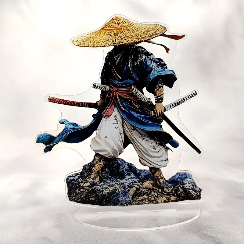 Guerrier samouraï ronin orange sabre en main en acrylique imprimé sur plexiglass avec support transparent