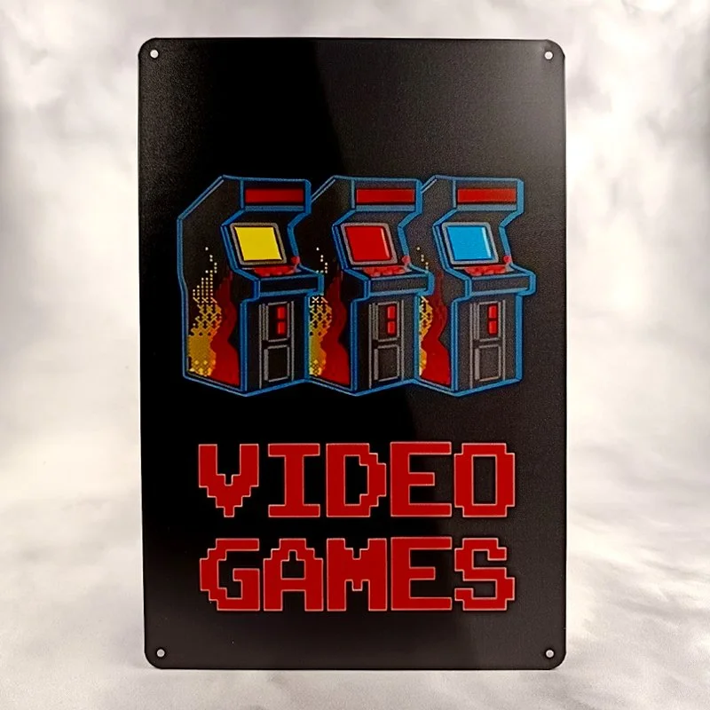 Plaque Métal Vintage Arcade VIDEO GAMES (3 Bornes, fond noir)