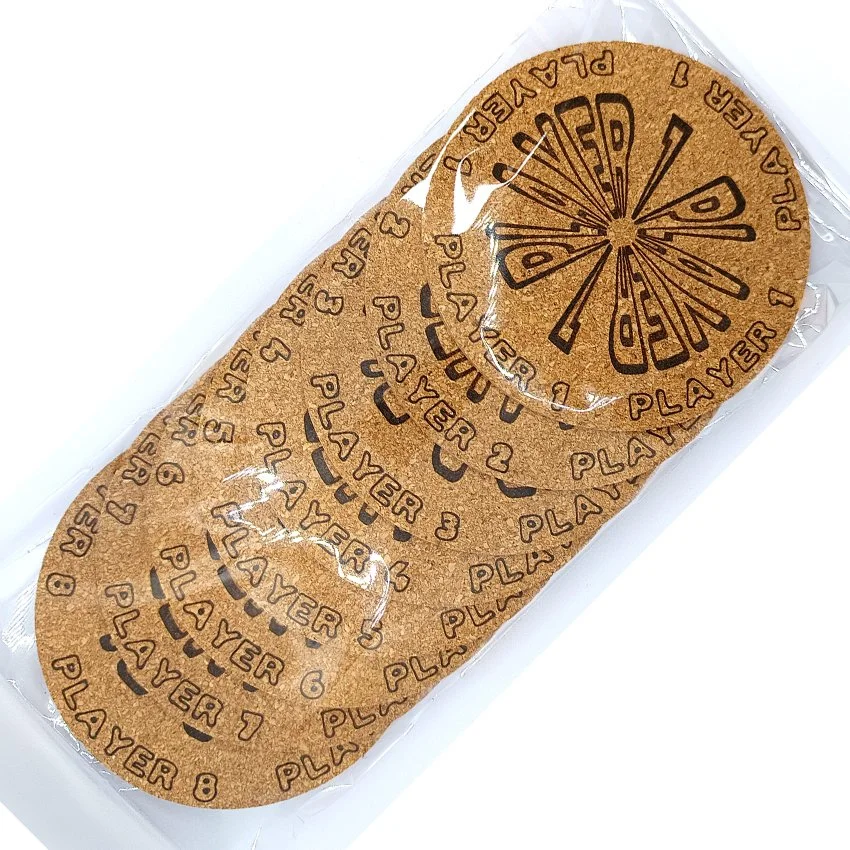 set sous-verre liège flipper pinball slogan rond Player, sous-bock décoratif avec inscriptions Player 1 à 8, inspiré des pinball machines, décoration flipper rétro vintage, idée cadeau